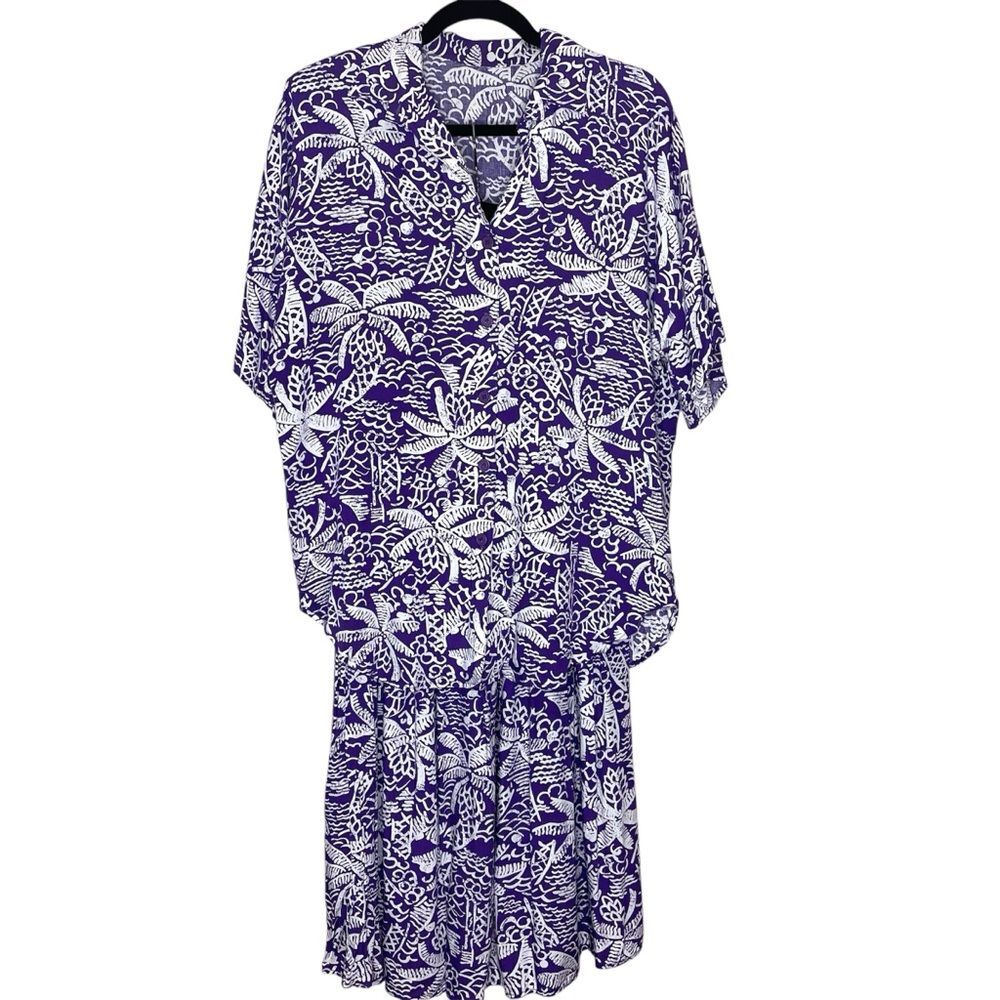 California Krush Top Skirt Set Vtg Hawaiian Print Palm Trees Purple White Medium